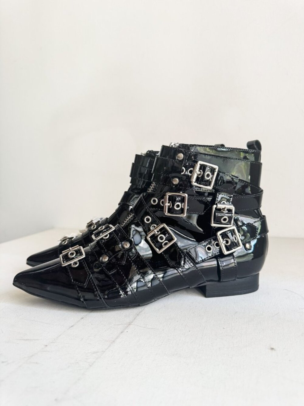 Jeffrey Campbell Black Patent leather Buckle Pointy Toe Booties 10